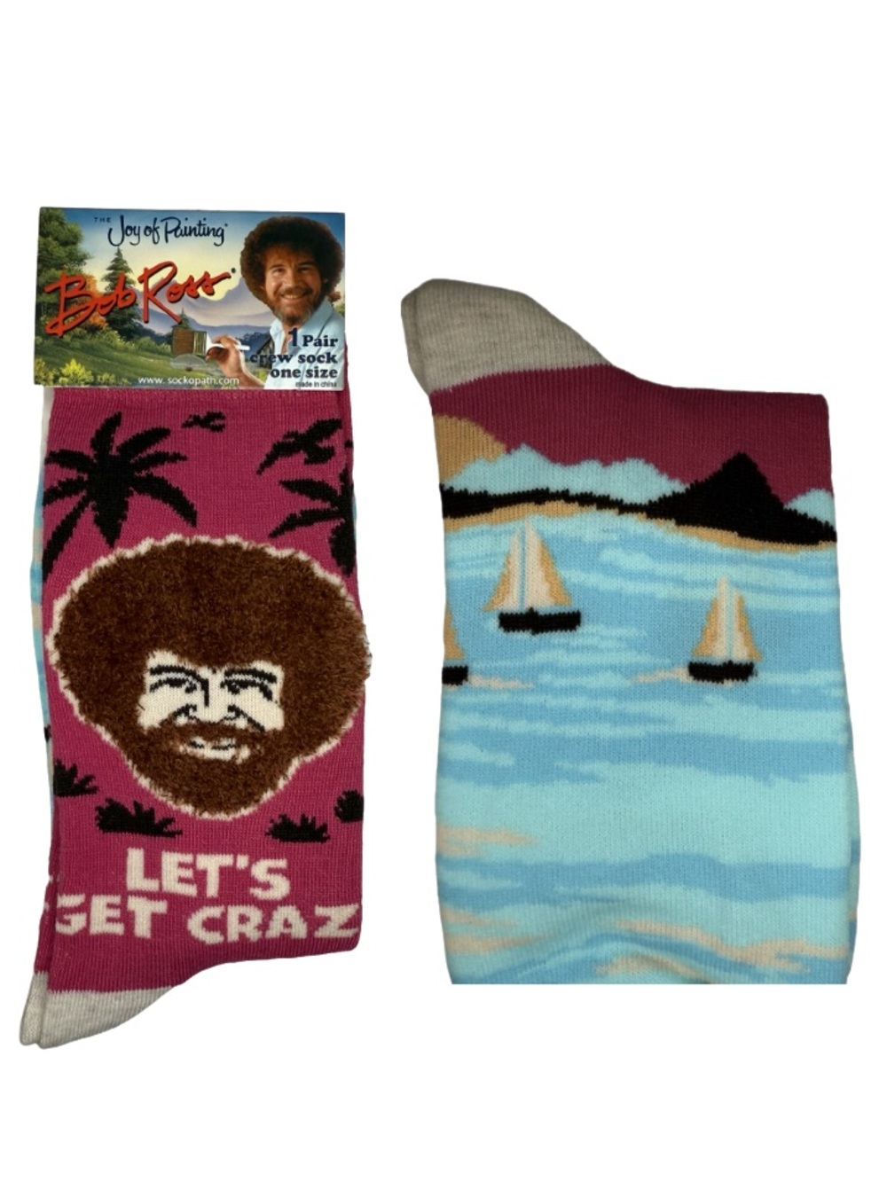 Bob Ross 3D Fuzzy Hair Crew Socks Let’s Get Crazy Pink Landscape Retro 80s NWT